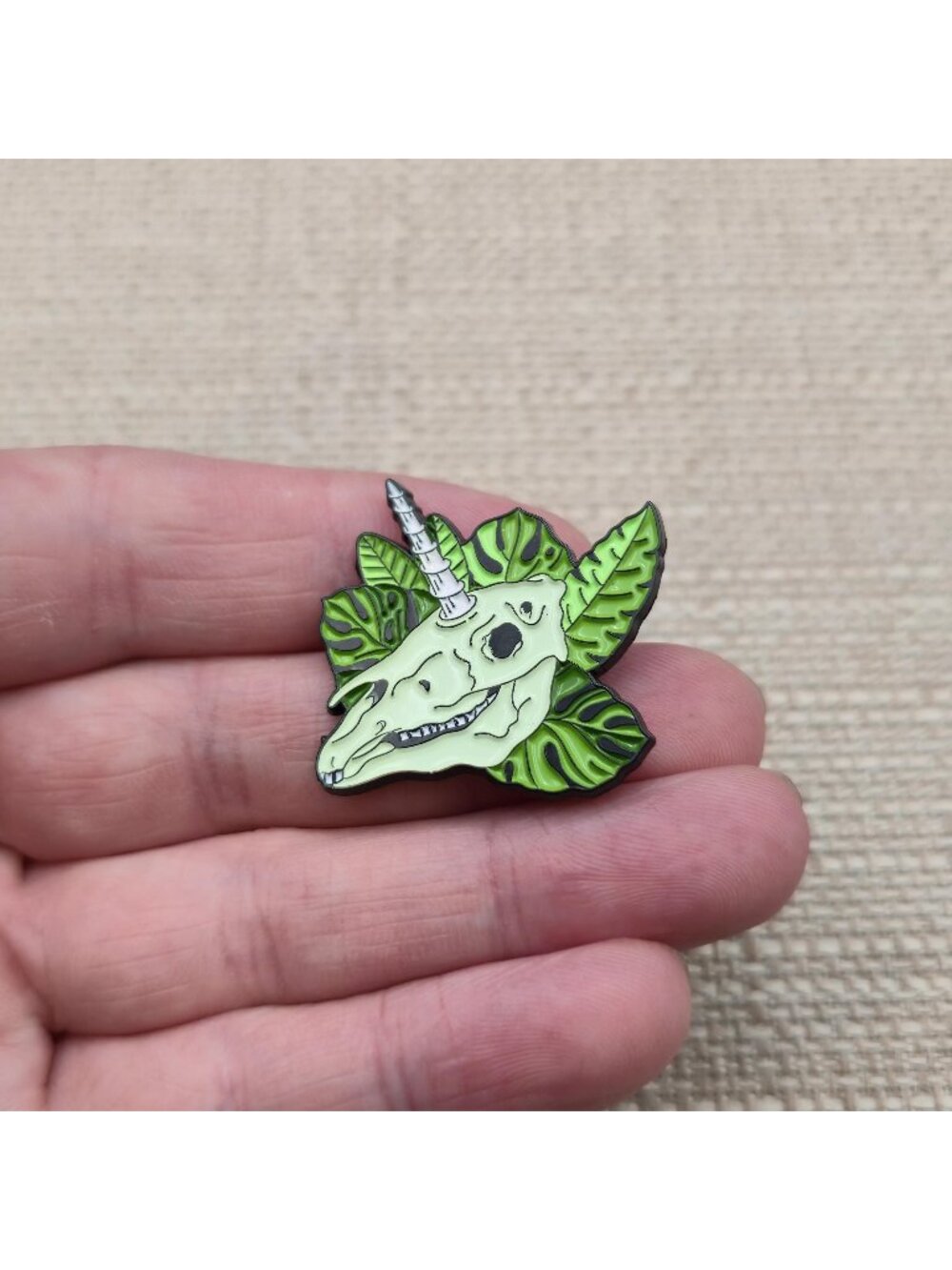 Gothic Unicorn Skull with Monstera Leaves Enamel Lapel Pin A8903